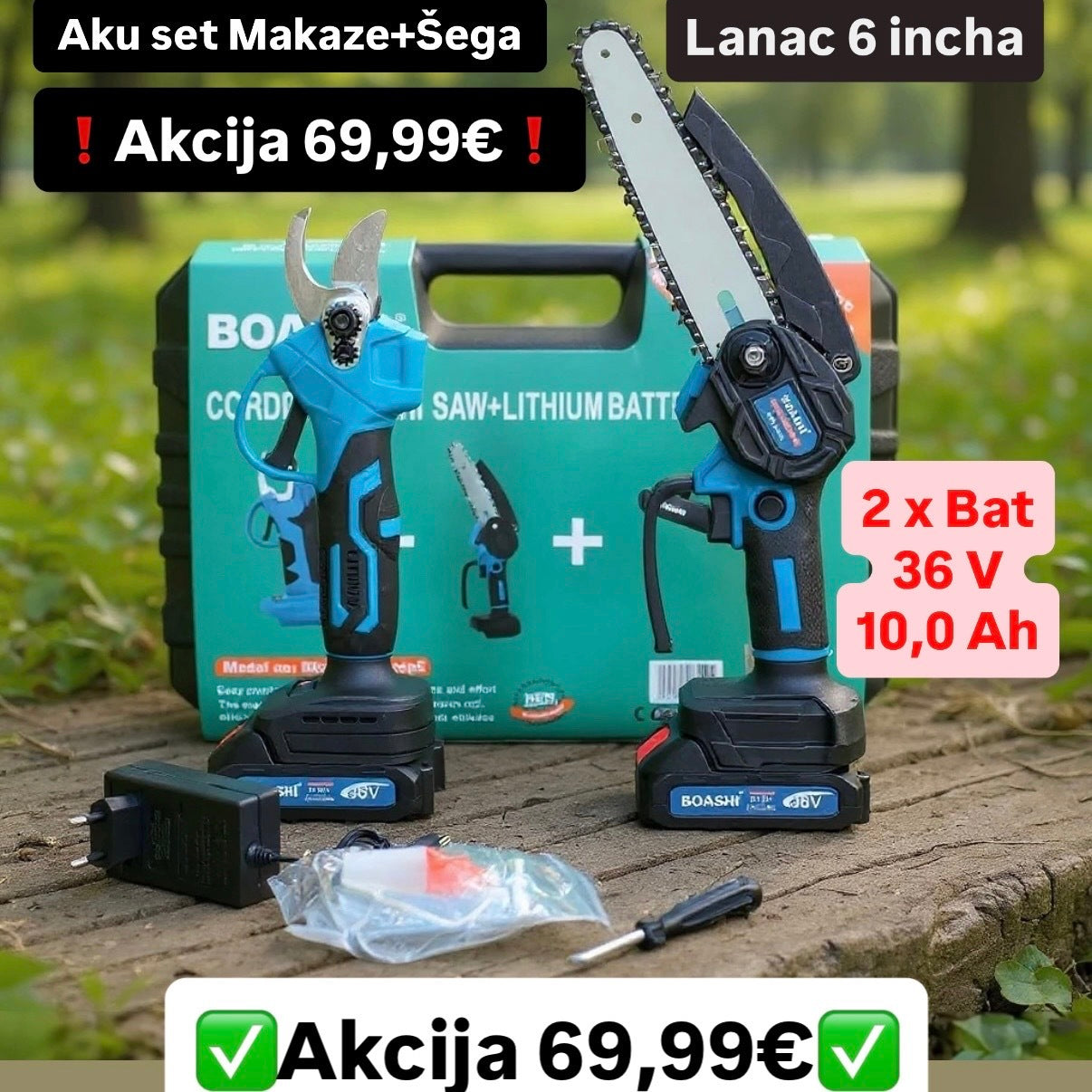 Aku makaze + Aku šega sa dvije baterije od 36 V (10.0Ah)