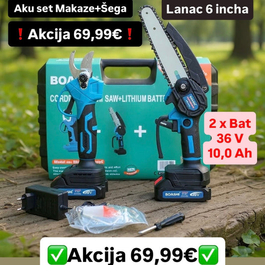 Aku makaze + Aku šega sa dvije baterije od 36 V (10.0Ah)
